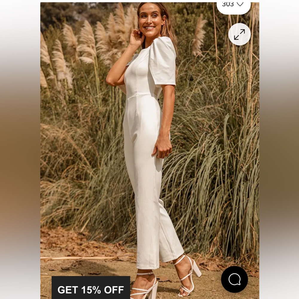 Lulus Modern Modest Ivory Puff Sleeve Jumpsuit: size small, white jumpsuit